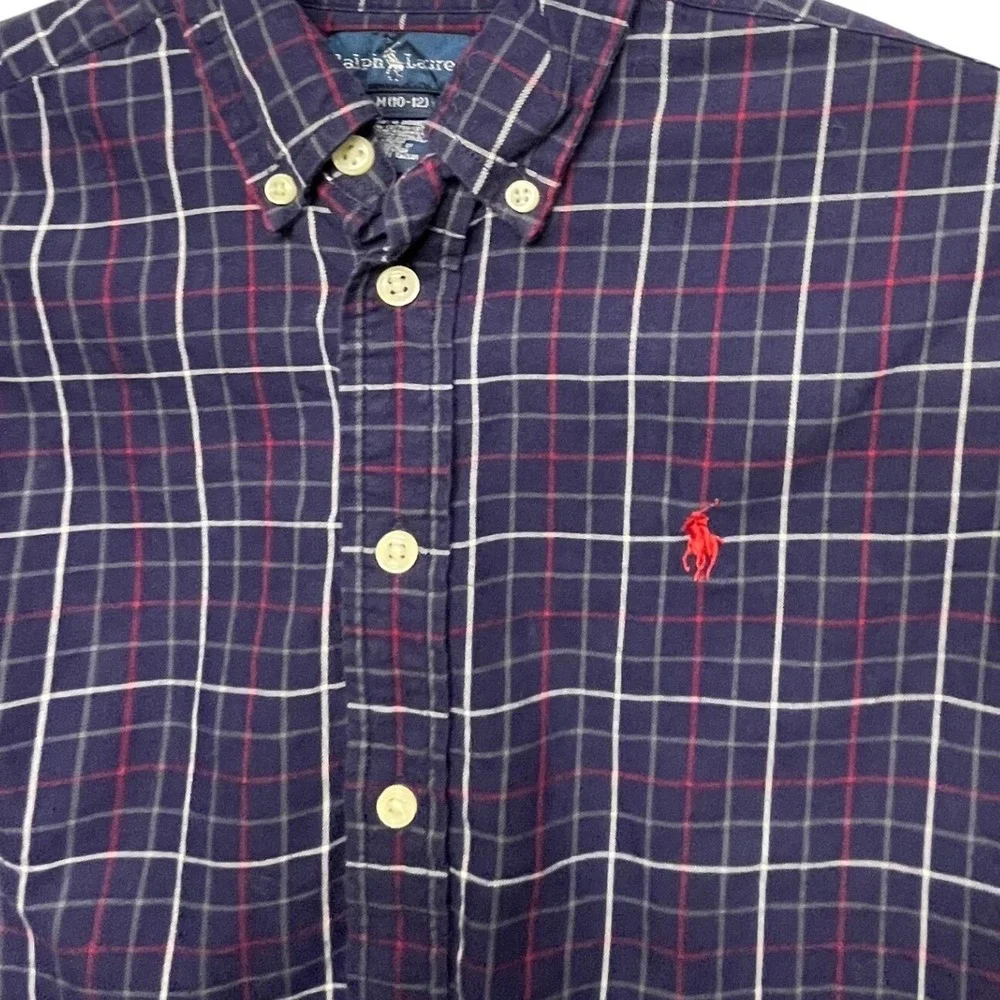 Ralph Lauren Boys Navy Plaid Long Sleeve Button Down Shirt Size M 10-12
